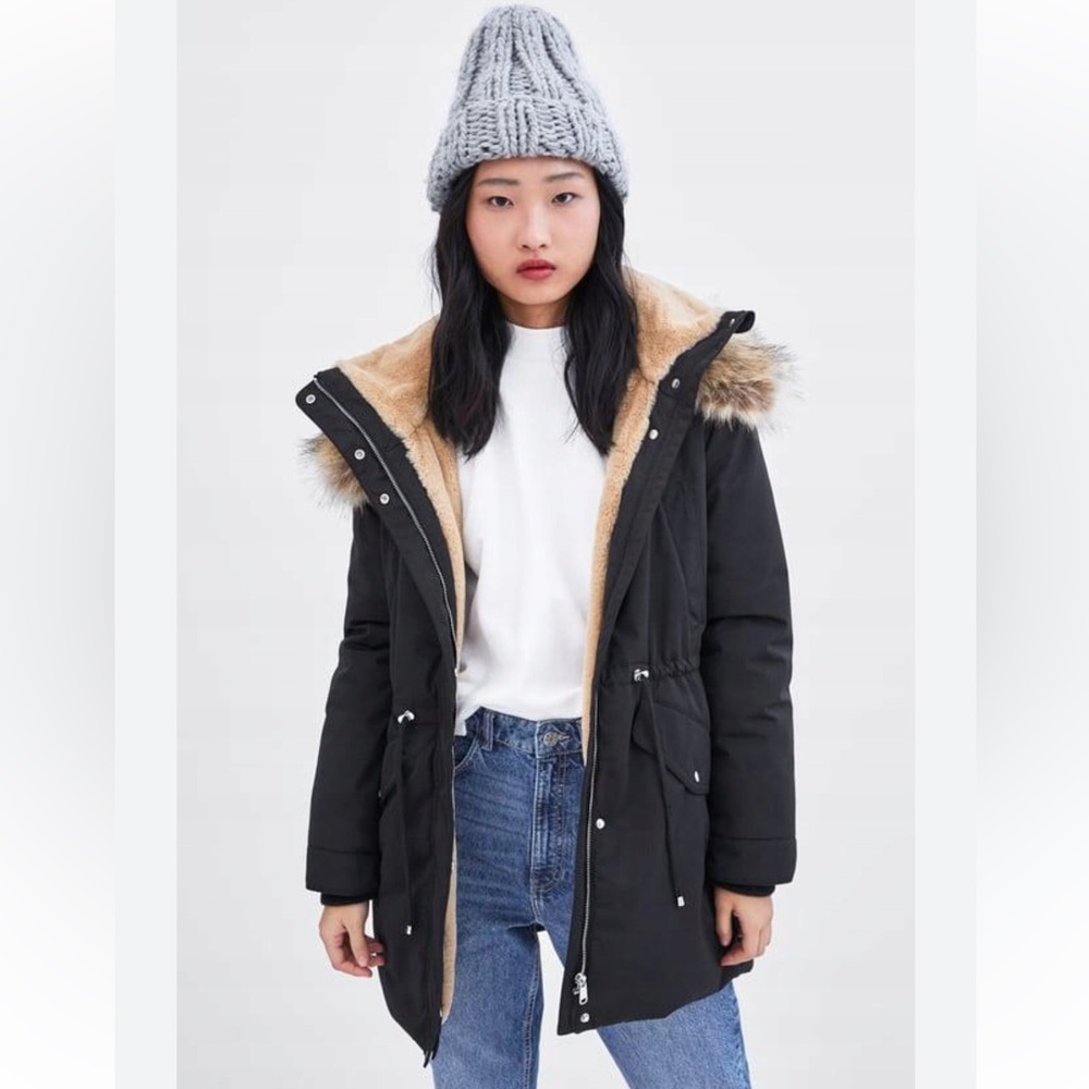 Zara Sorona DuPont thermal fill puffer coat parka jacket “NO faux fur” Black XS - Picture 6 of 16